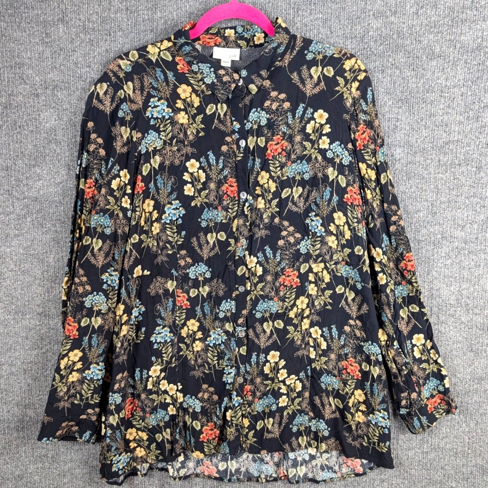 J. Jill Women Black Top L Wildflower Floral Rayon Button Long Sleeve Blouse